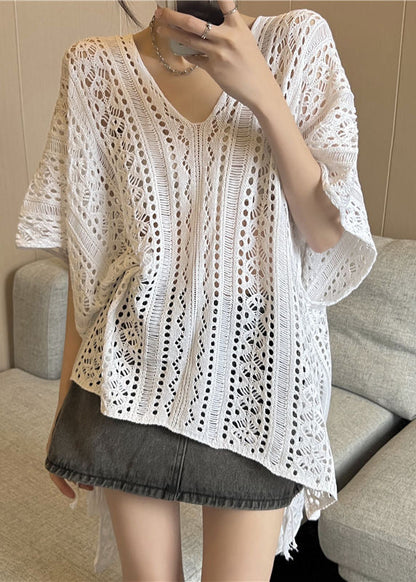 Neck Silk High Design Fashion Knit V Summer Shirt Black T Low Ice