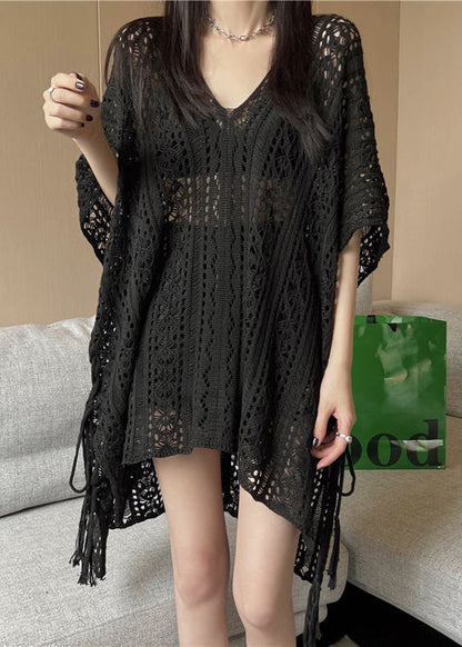 Neck Silk High Design Fashion Knit V Summer Shirt Black T Low Ice