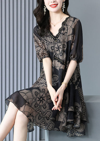 Summer Neck Print Dress Maxi V Chiffon Black Fashion