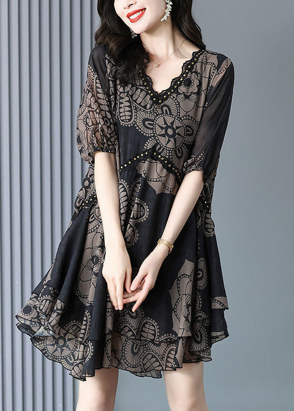 Summer Neck Print Dress Maxi V Chiffon Black Fashion