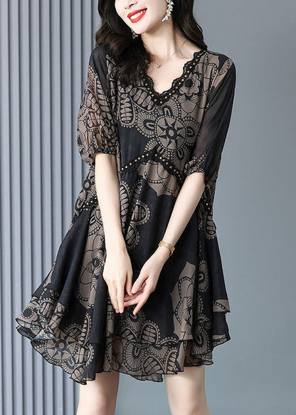 Summer Neck Print Dress Maxi V Chiffon Black Fashion
