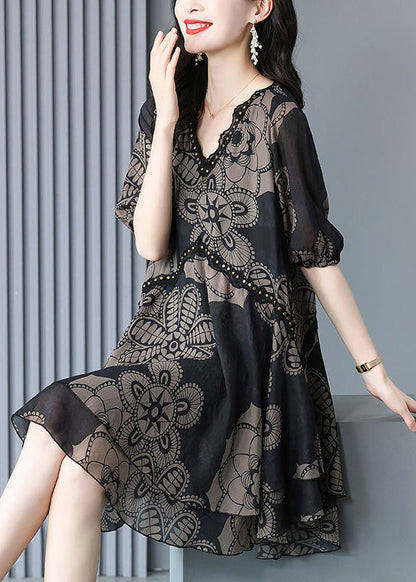 Summer Neck Print Dress Maxi V Chiffon Black Fashion