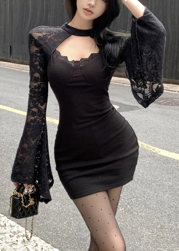 Fashion Black Wraped Patchwork Lace Mini Dress Spring YP054