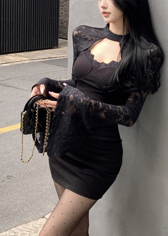 Fashion Black Wraped Patchwork Lace Mini Dress Spring YP054