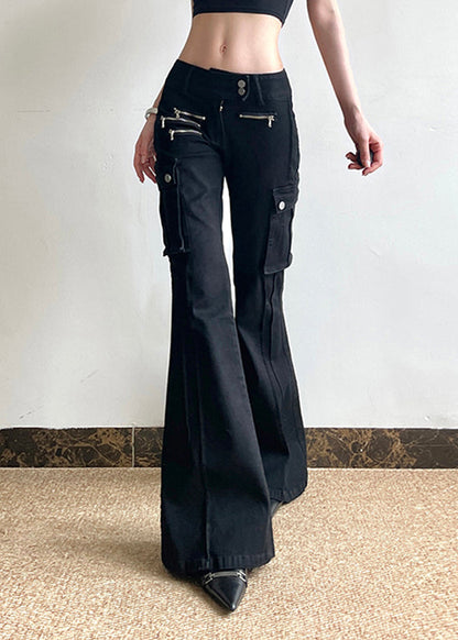 Black Fashion Pockets Flared Zippered High Patchwork Waist Denim
