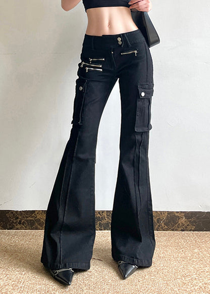 Black Fashion Pockets Flared Zippered High Patchwork Waist Denim