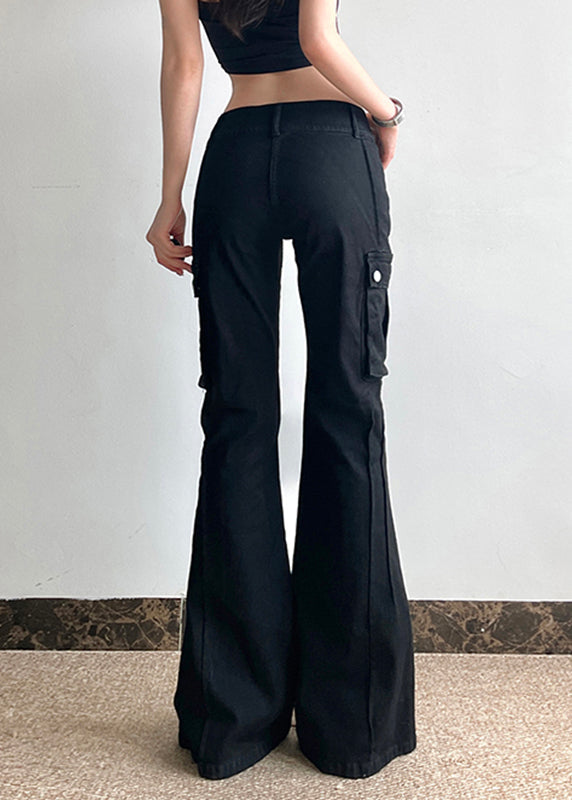 Black Fashion Pockets Flared Zippered High Patchwork Waist Denim