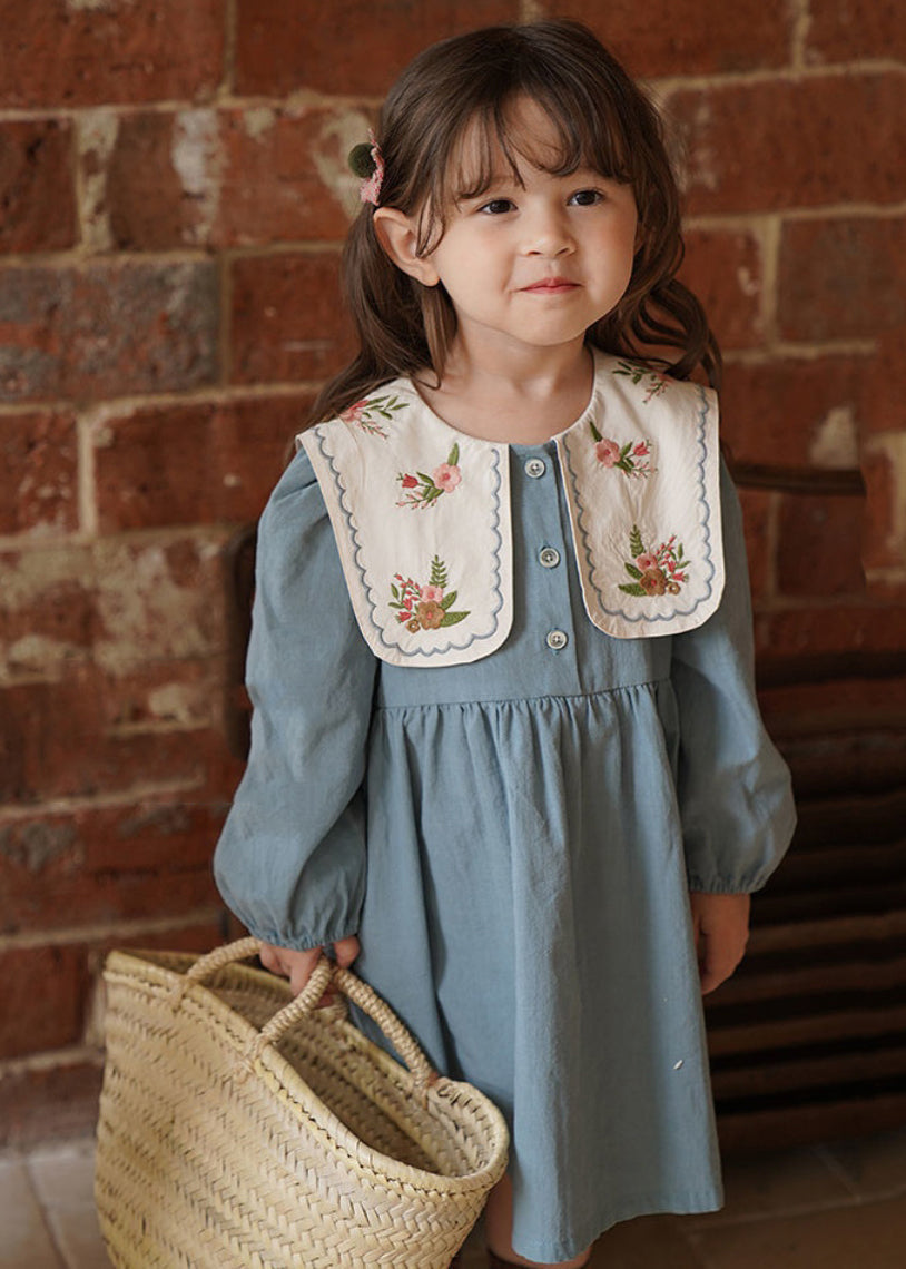 Fashion Blue Embroideried Patchwork Girls Long Dress Fall SS1034