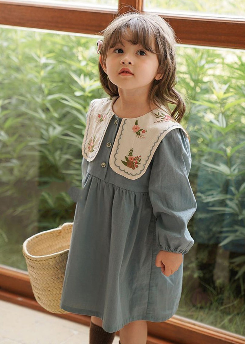 Fashion Blue Embroideried Patchwork Girls Long Dress Fall SS1034