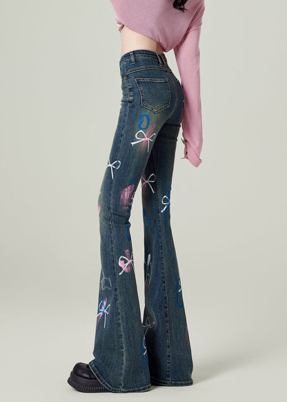 Fashion Blue Pockets Bow Print Denim Flared Trousers Spring TN020