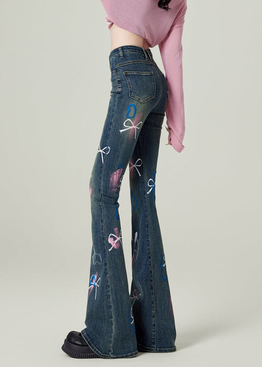 Fashion Blue Pockets Bow Print Denim Flared Trousers Spring TN020