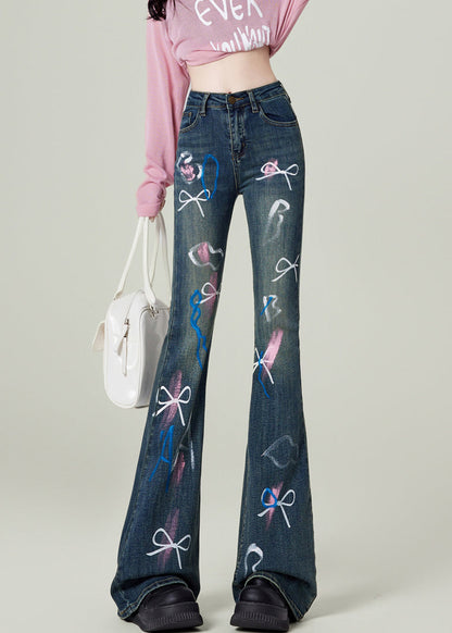 Fashion Blue Pockets Bow Print Denim Flared Trousers Spring TN020