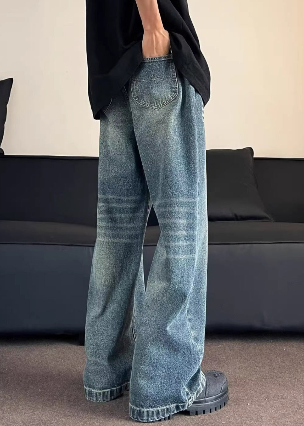 Fashion Blue Pockets Graphic Men Straight Jeans SA027