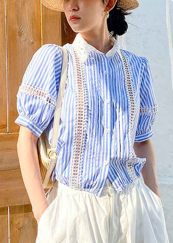 Fashion Out Summer Striped Blue Blouses Cotton Hollow