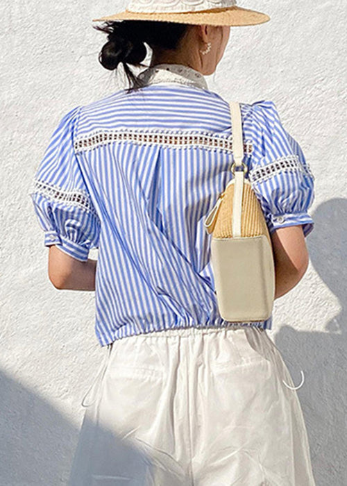Fashion Out Summer Striped Blue Blouses Cotton Hollow
