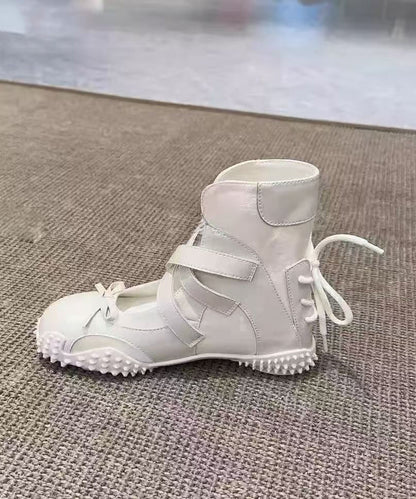 Nude Up Fashion Lace Bow Leather Shoes Faux Splicing Flats