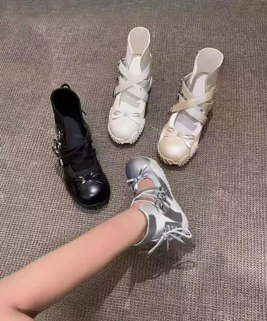 Nude Up Fashion Lace Bow Leather Shoes Faux Splicing Flats