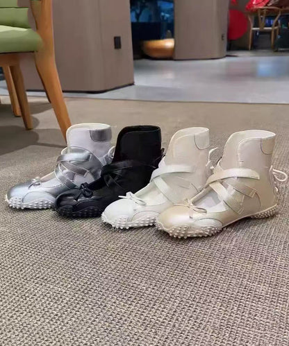 Nude Up Fashion Lace Bow Leather Shoes Faux Splicing Flats