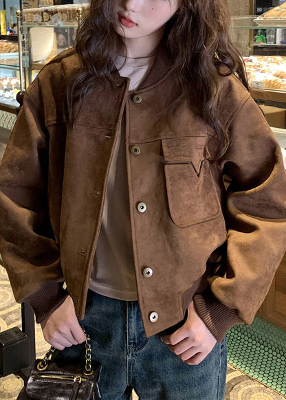 Fashion Brown Pockets Fine Cotton Filled Jacket Winter RS050