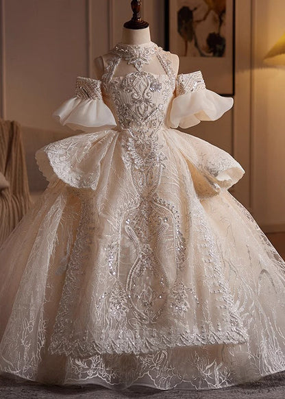 Fashion Champagne Turtleneck Embroideried Tulle Kids Maxi Dresses Summer YG007