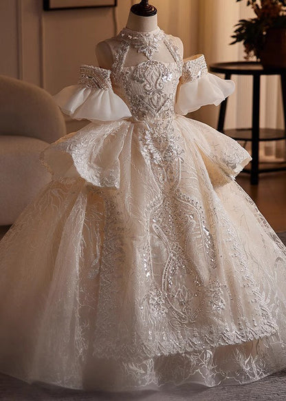 Fashion Champagne Turtleneck Embroideried Tulle Kids Maxi Dresses Summer YG007