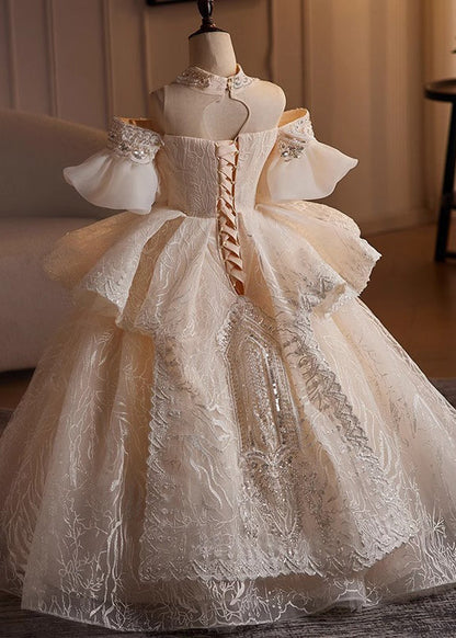 Fashion Champagne Turtleneck Embroideried Tulle Kids Maxi Dresses Summer YG007