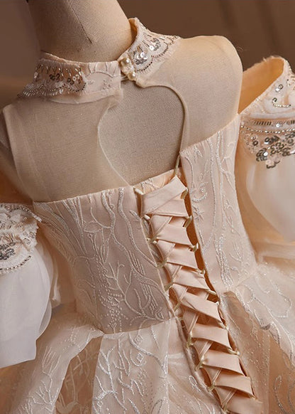 Fashion Champagne Turtleneck Embroideried Tulle Kids Maxi Dresses Summer YG007