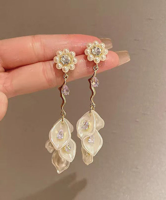 Alloy Zircon Pearl Drop Earrings Fashion Tassel Gold Floral