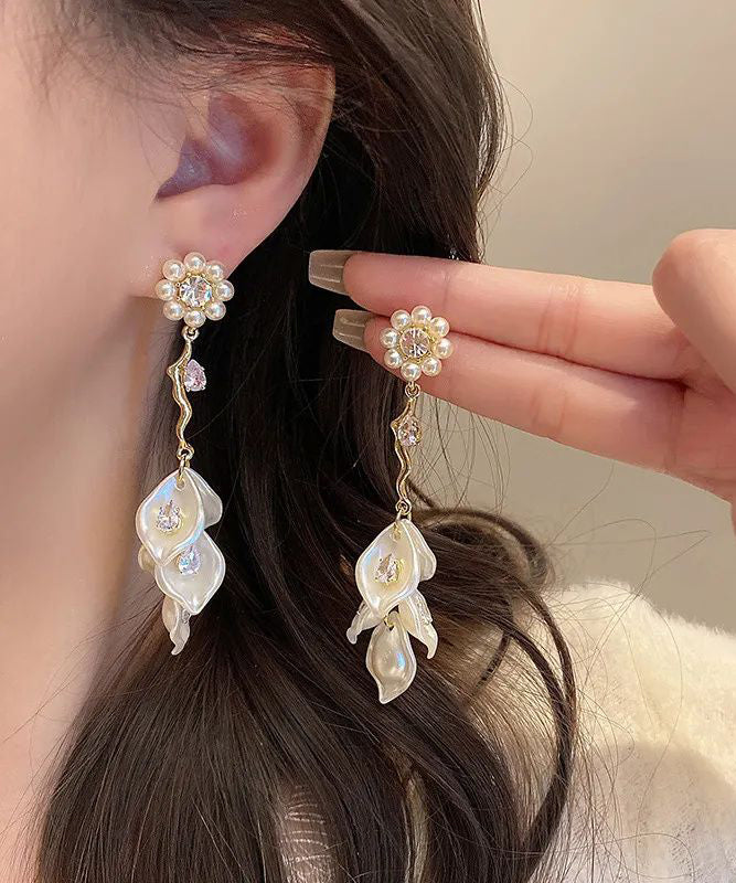 Alloy Zircon Pearl Drop Earrings Fashion Tassel Gold Floral