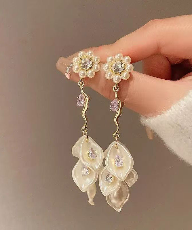 Alloy Zircon Pearl Drop Earrings Fashion Tassel Gold Floral