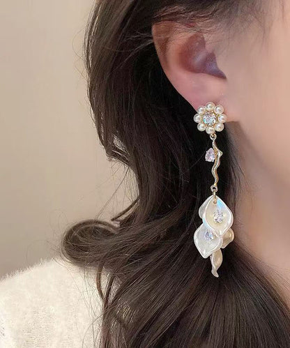 Alloy Zircon Pearl Drop Earrings Fashion Tassel Gold Floral