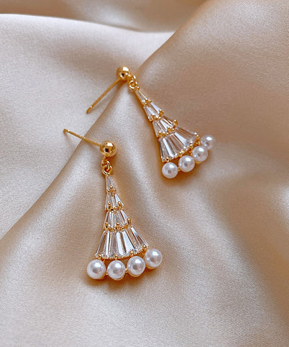 Pearl Alloy Fashion Earrings Gold Fan-Shaped Copper Drop