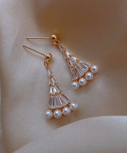 Pearl Alloy Fashion Earrings Gold Fan-Shaped Copper Drop