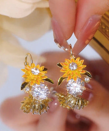 Zircon Overgild Drop Copper Gold Fashion Earrings Sunflower