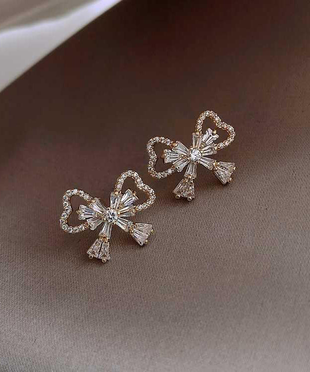 Fashion Gold Sterling Silver Alloy Zircon Bow Stud Earrings KX1001