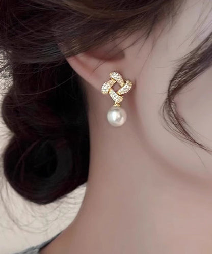 Square Silver Sterling Overgild Zircon Pearl Drop Fashion Gold