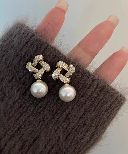 Square Silver Sterling Overgild Zircon Pearl Drop Fashion Gold