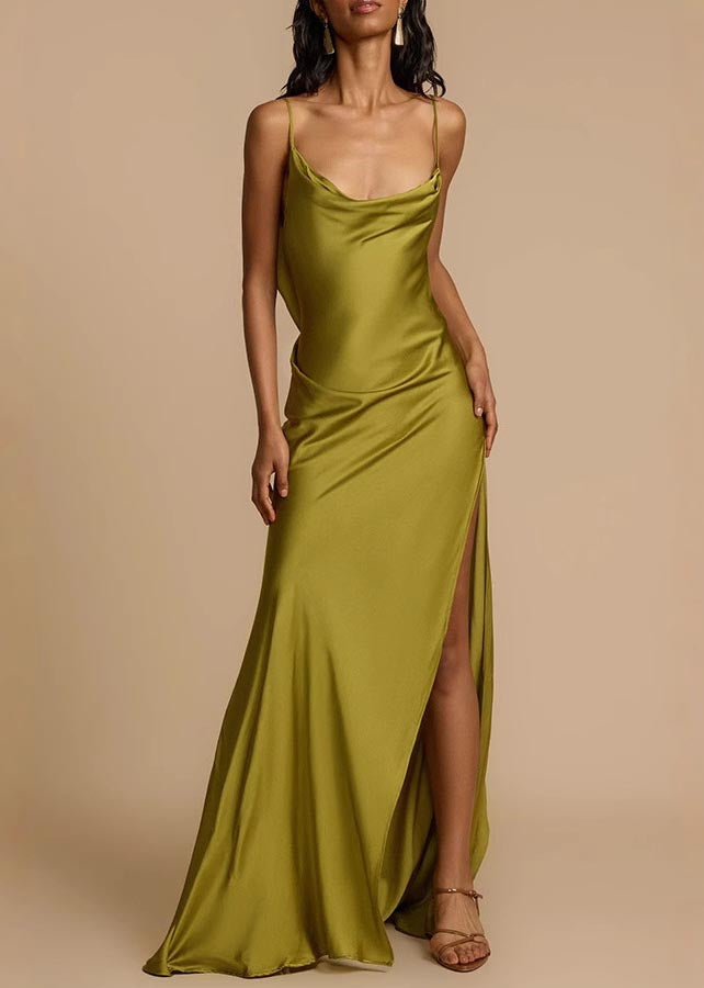 Fashion Silk Backless Green Side Cami Summer Dress Open