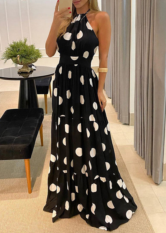 Maxi Fashion Dot Halter Sleeveless Backless Print Dress Green