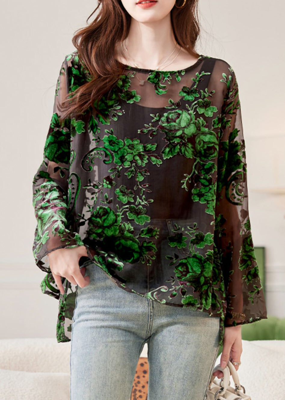 Shirts Floral O-Neck Chiffon Fashion Spring Green