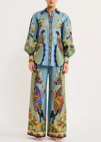 Green Shirts Fashion Print And Leg Peter Pants Wide Pan Collar