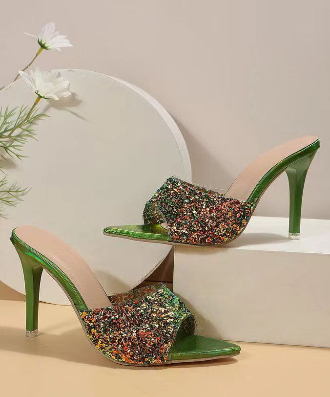 Fashion Green Sequins Splicing Stiletto High Heels Slide Sandals DD1040