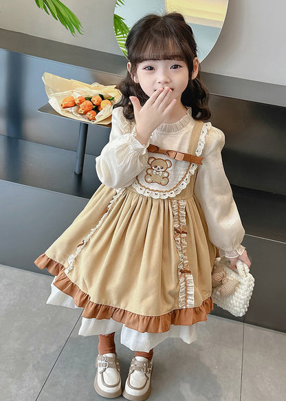 Fashion Green Stand Collar Print Girls Long Dresses Puff Sleeve YE028