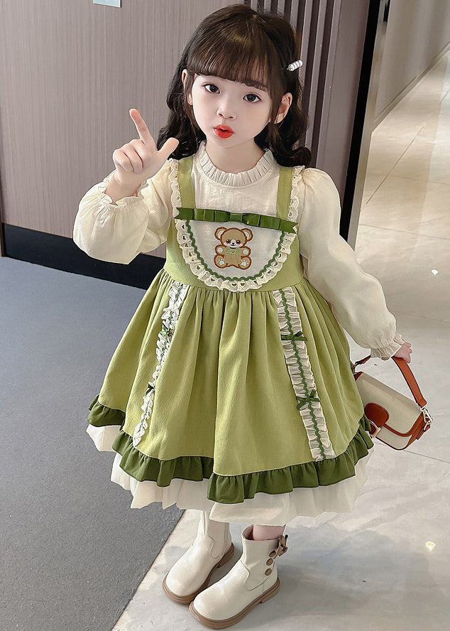 Fashion Green Stand Collar Print Girls Long Dresses Puff Sleeve YE028