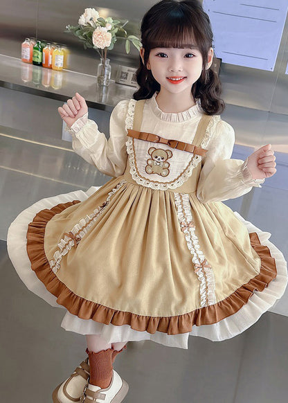 Fashion Green Stand Collar Print Girls Long Dresses Puff Sleeve YE028