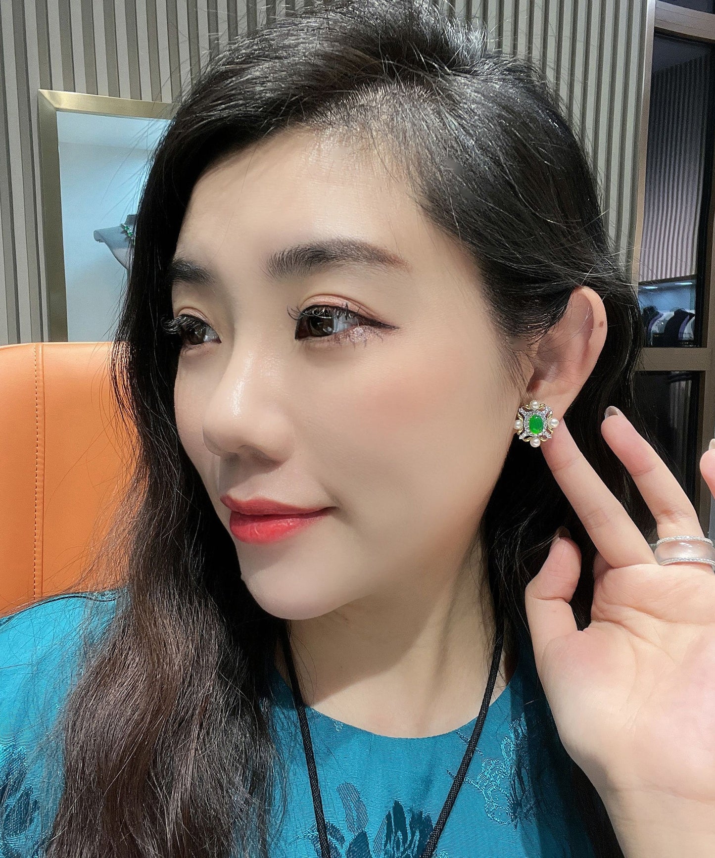 Fashion Green Sterling Silver Overgild Zircon Jade Pearl Stud Earrings AC1081