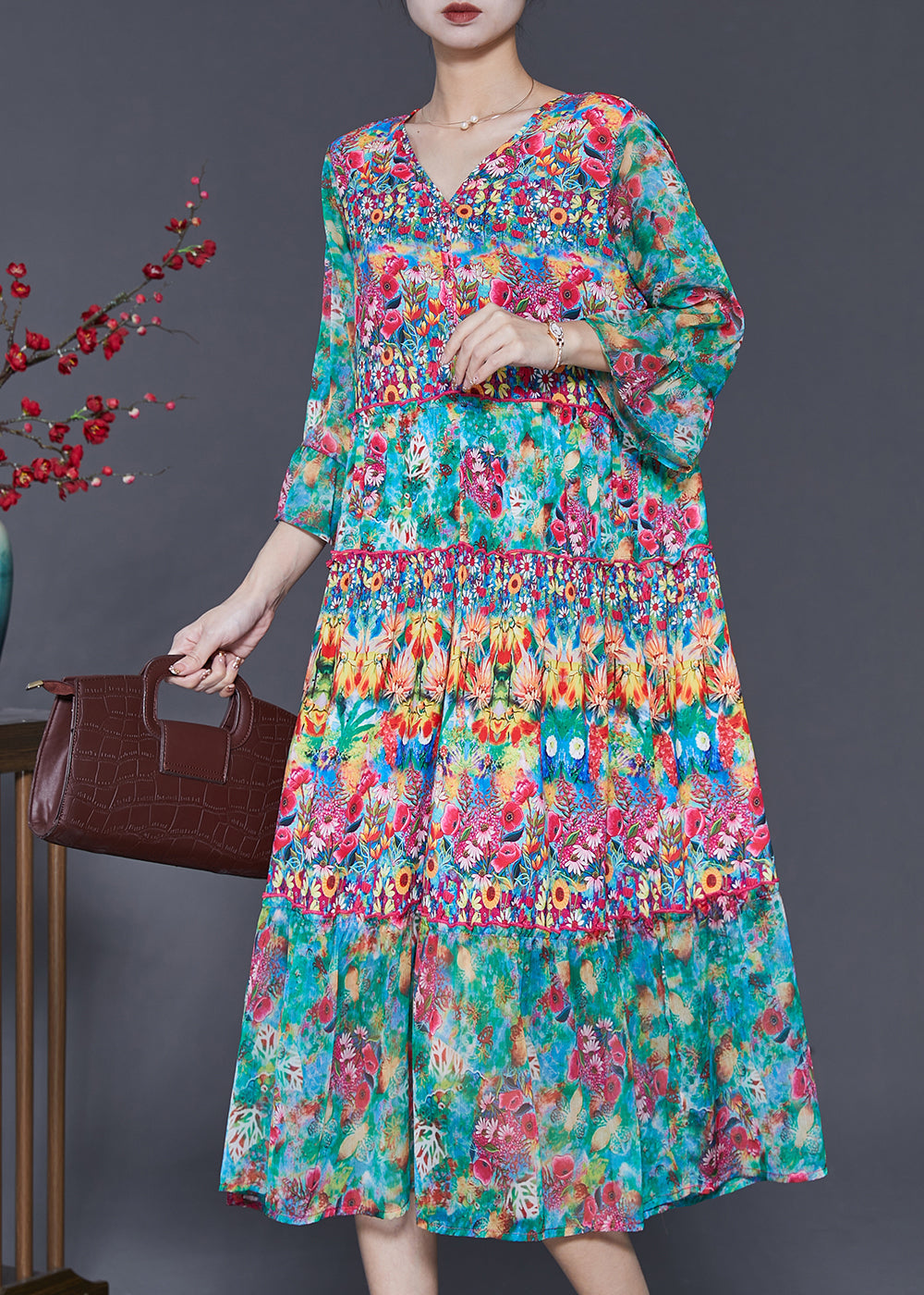 Fashion Green V Neck Print Silk Holiday Dress Summer SD1074