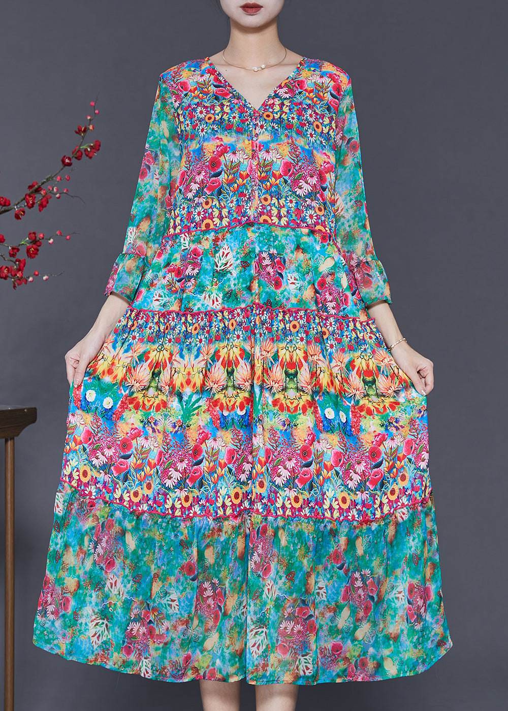 Fashion Green V Neck Print Silk Holiday Dress Summer SD1074