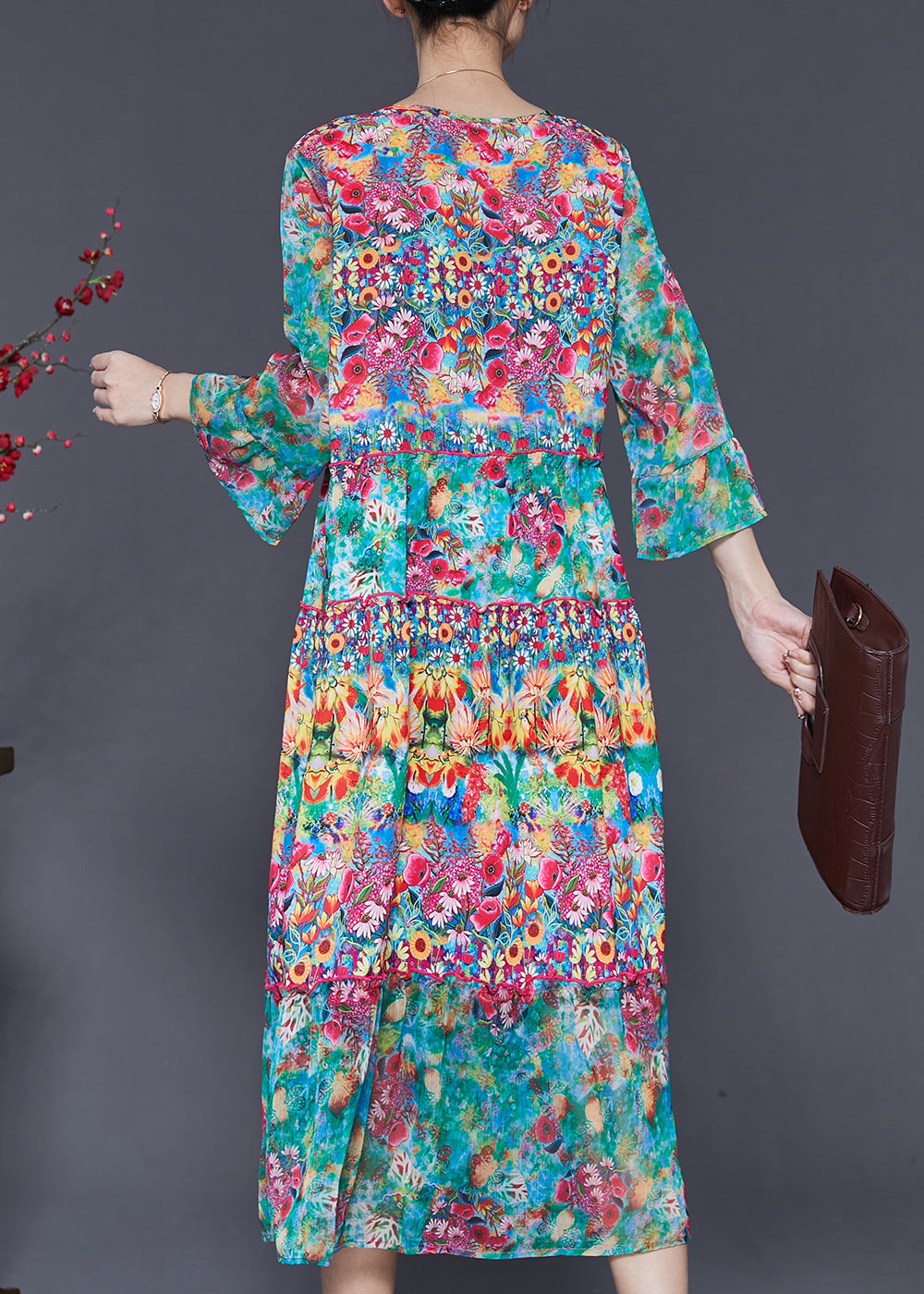 Fashion Green V Neck Print Silk Holiday Dress Summer SD1074