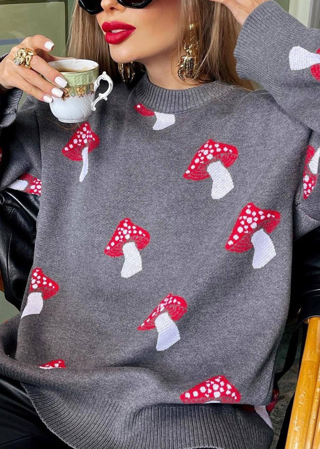 Fashion Grey O Neck Jacquard Thick Knit Sweater Fall QY020